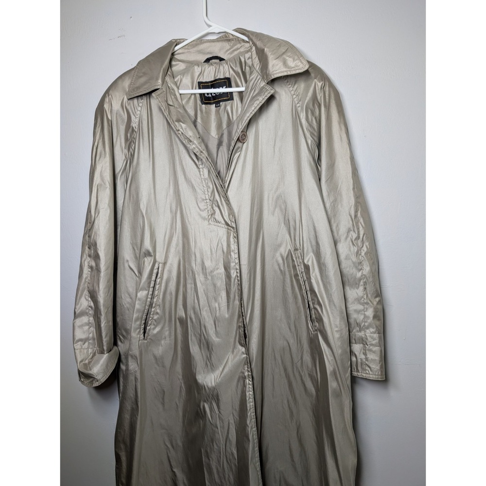UTEX‎ Pack Away Travel Shiny Pewter Button Front Coat Jacket  w/Hood Sz S/M  EUC